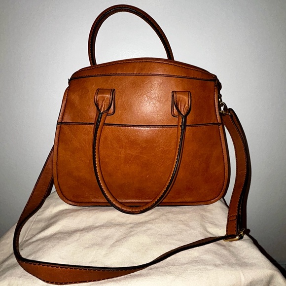 London Fog Tan Leather Tote with Gold Accents and crossbody strap. - Picture 3 of 10